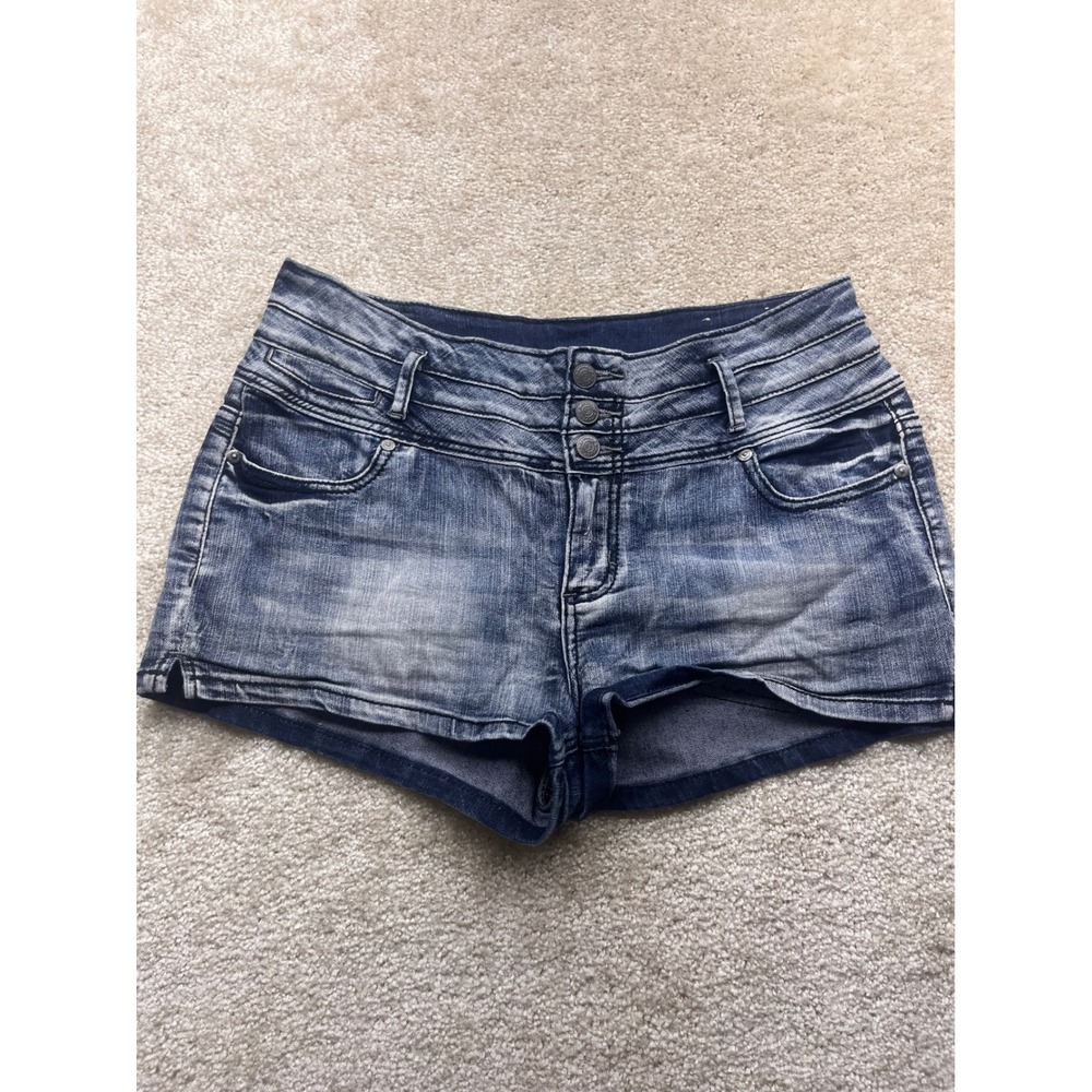Harmony + Havoc Womens Blue Denim Shorts High Waisted Triple Button Medium Wash